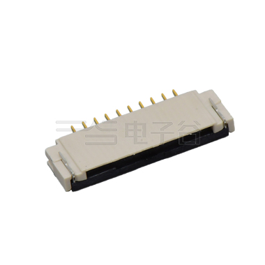 Pitch 1.00mm 90°H2.00mm 前掀盖下接触带蝴蝶扣卧贴 FPC 10pin 本色 镀半金1u"，镍